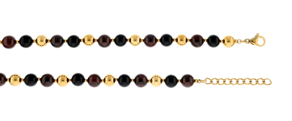 Collier Callas en acier doré avec boules d’agate noire et grenats de 8 mm