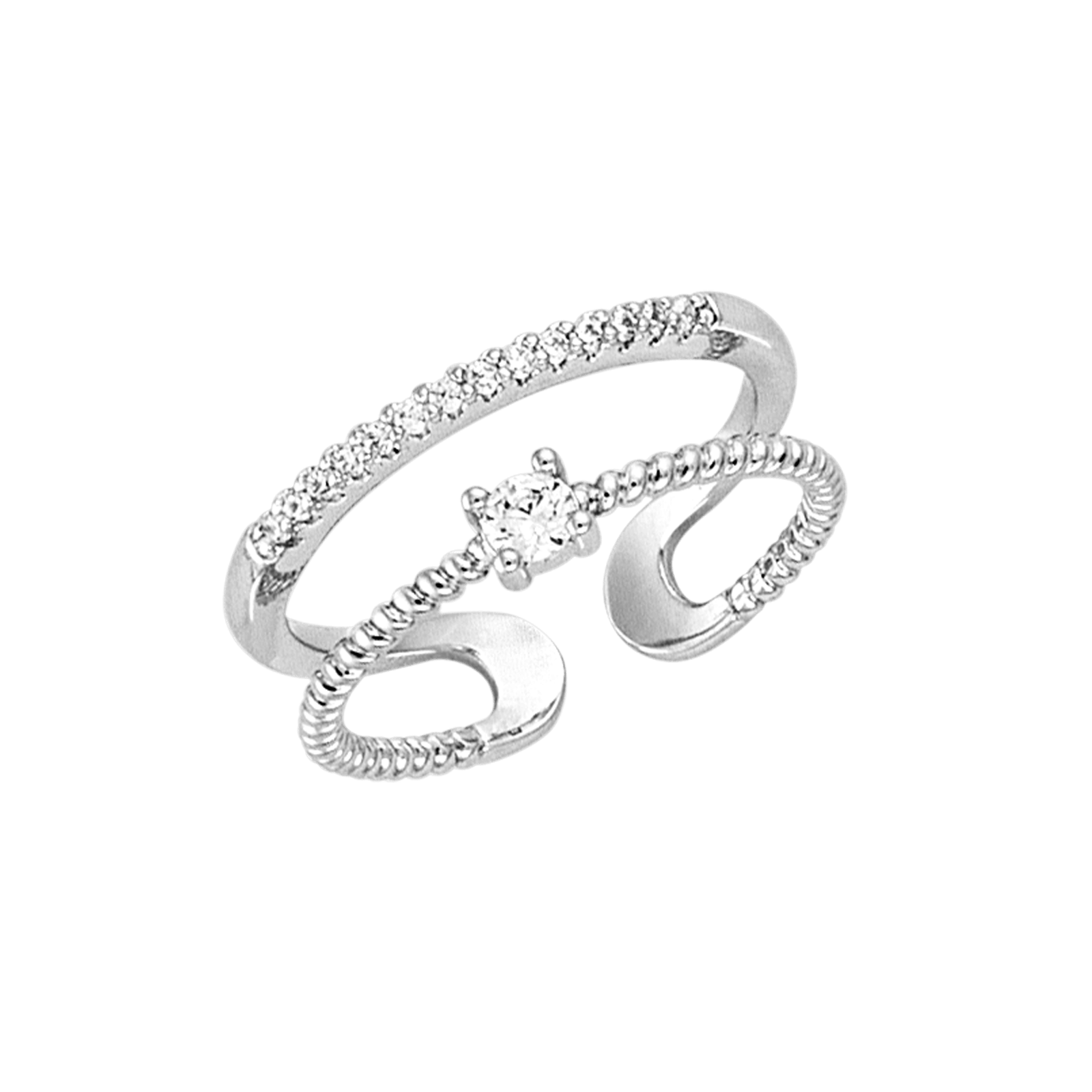 Bague Argent Rond ouverte double rangées Torsade plus Oxydes blancs