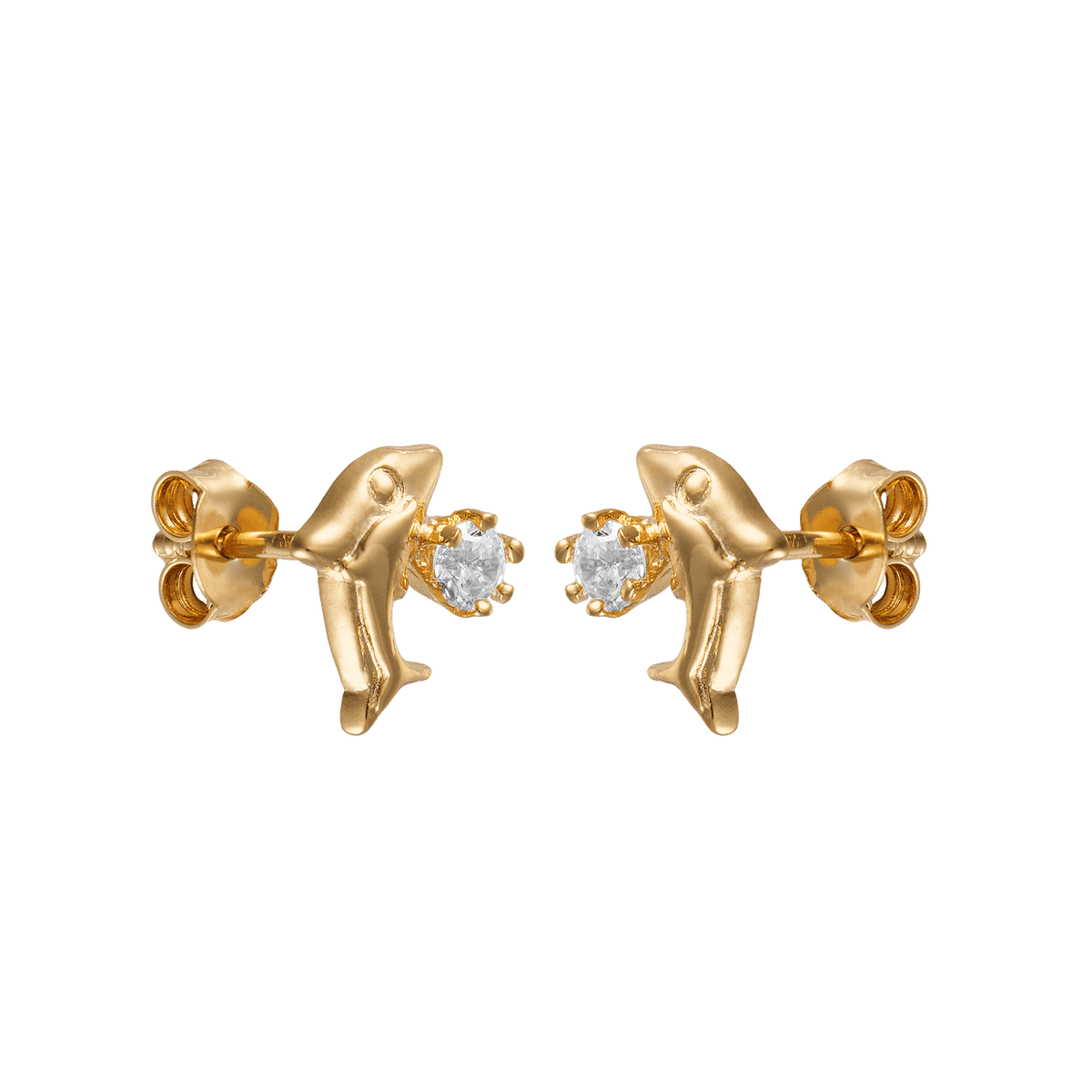 Boucles D'oreilles Plaqué Or Dauphin Cristal Blanc 8.5*10mm