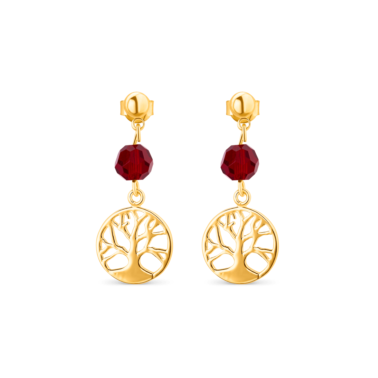 Boucles Plaqué Or Arbre De Vie avec Cristal Grenat Pendant.