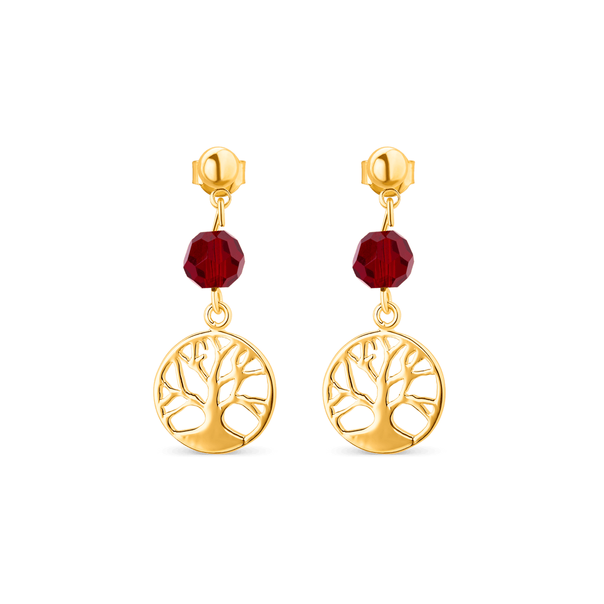 Boucles D'oreilles Plaqué Or Pendant 30mm Arbre De Vie 12mm Cristal Grenat 5mm