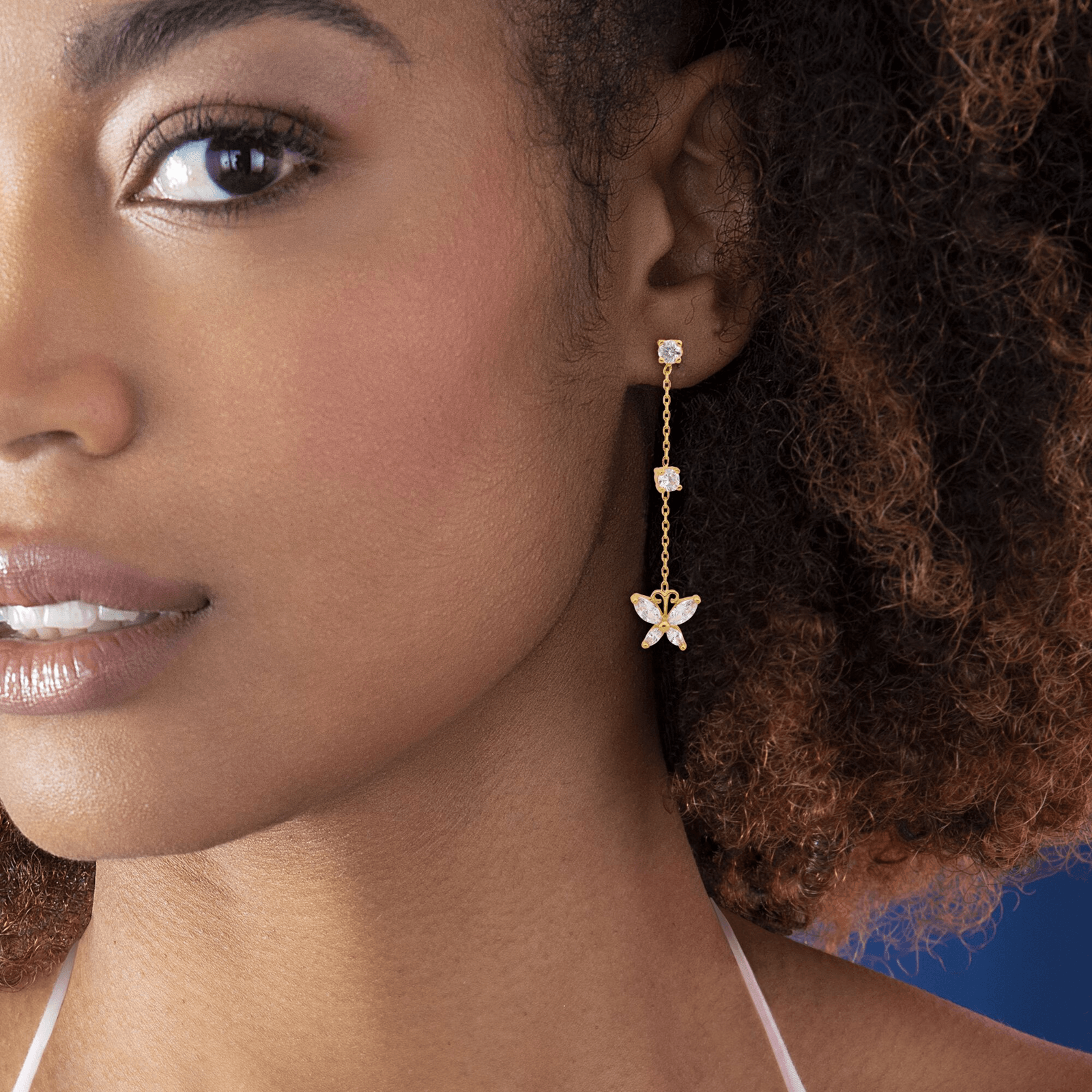 Boucles D'oreilles Papillon Zircon9*11mm Pend.47mm Plaqué Or