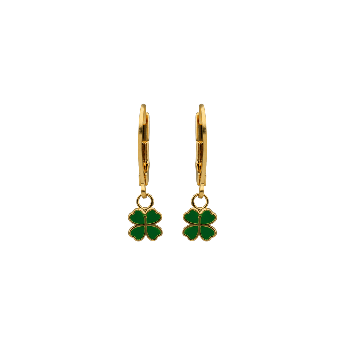 Boucles D'oreilles Plaqué Or Trèfle Email Vert 6mm Pendant 20mm