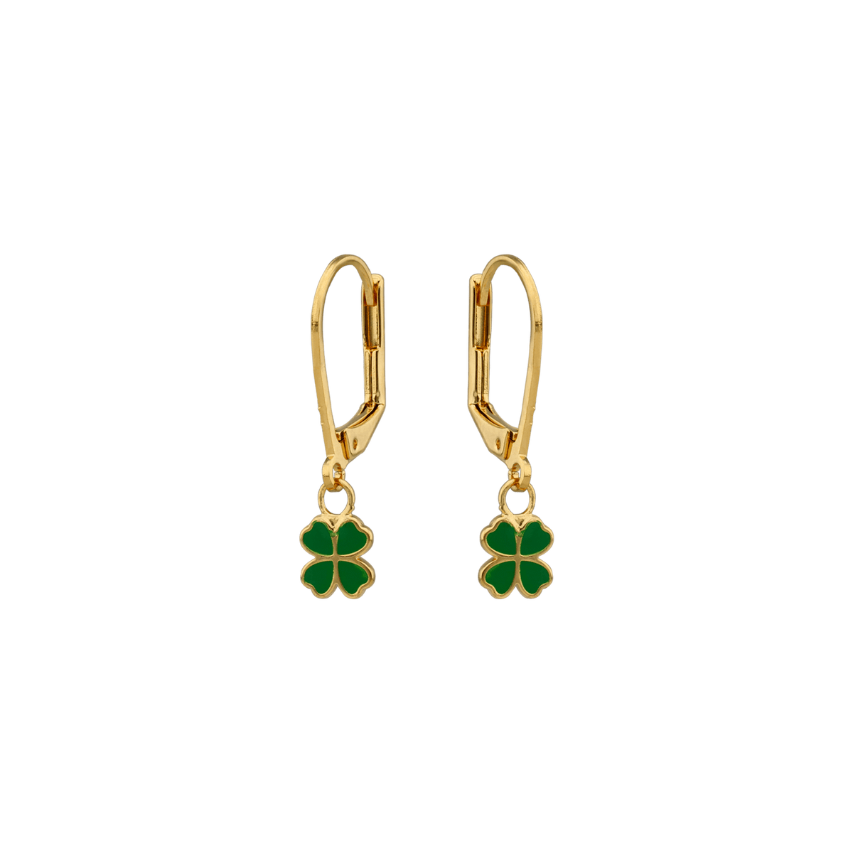 Boucles D'oreilles Plaqué Or Trèfle Email Vert 6mm Pendant 20mm