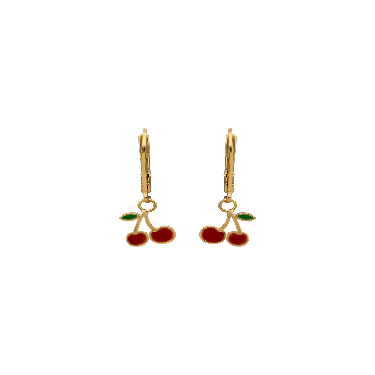 Boucles D'oreilles Plaqué Or Cerises Email Vert Rouge Pendant 25mm