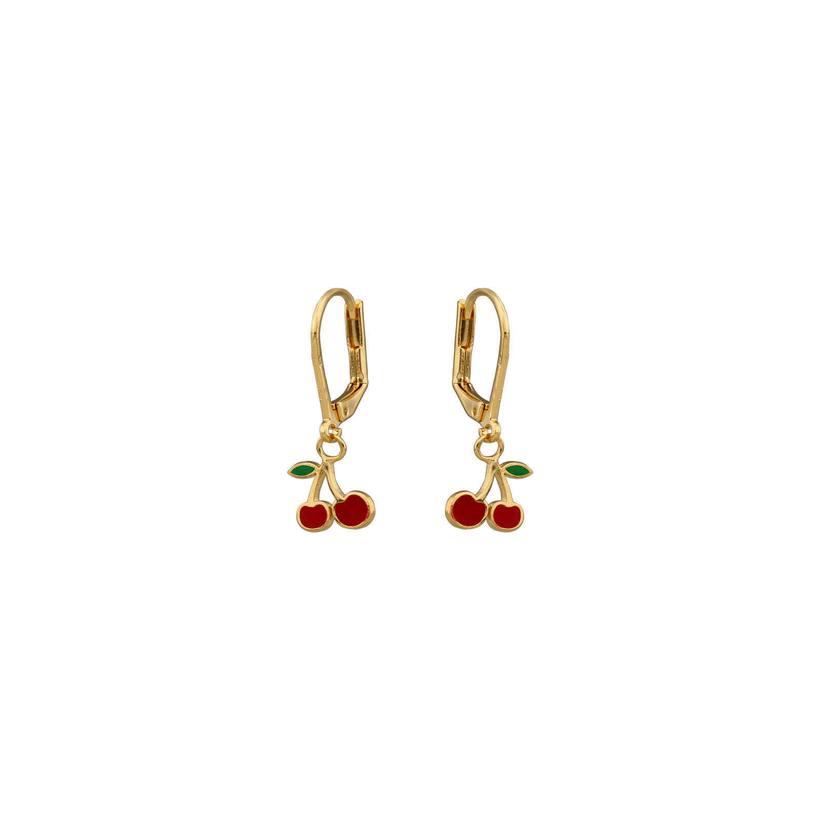 Boucles D'oreilles Cerises Email Pendant 25mm Plaqué Or