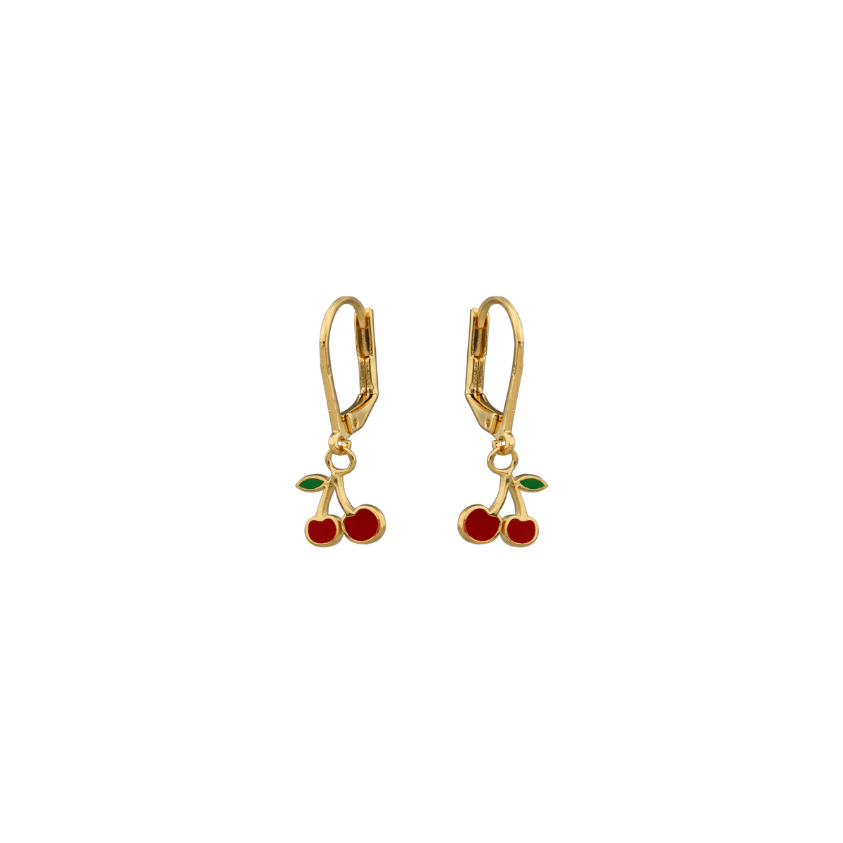 Boucles D'oreilles Plaqué Or Cerises Email Vert Rouge Pendant 25mm