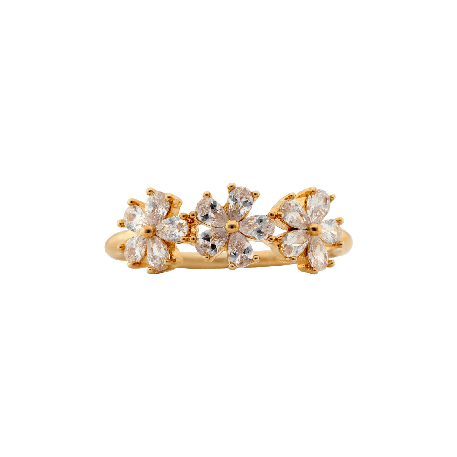 Bague Plaqué or trio fleurs oxydes blancs