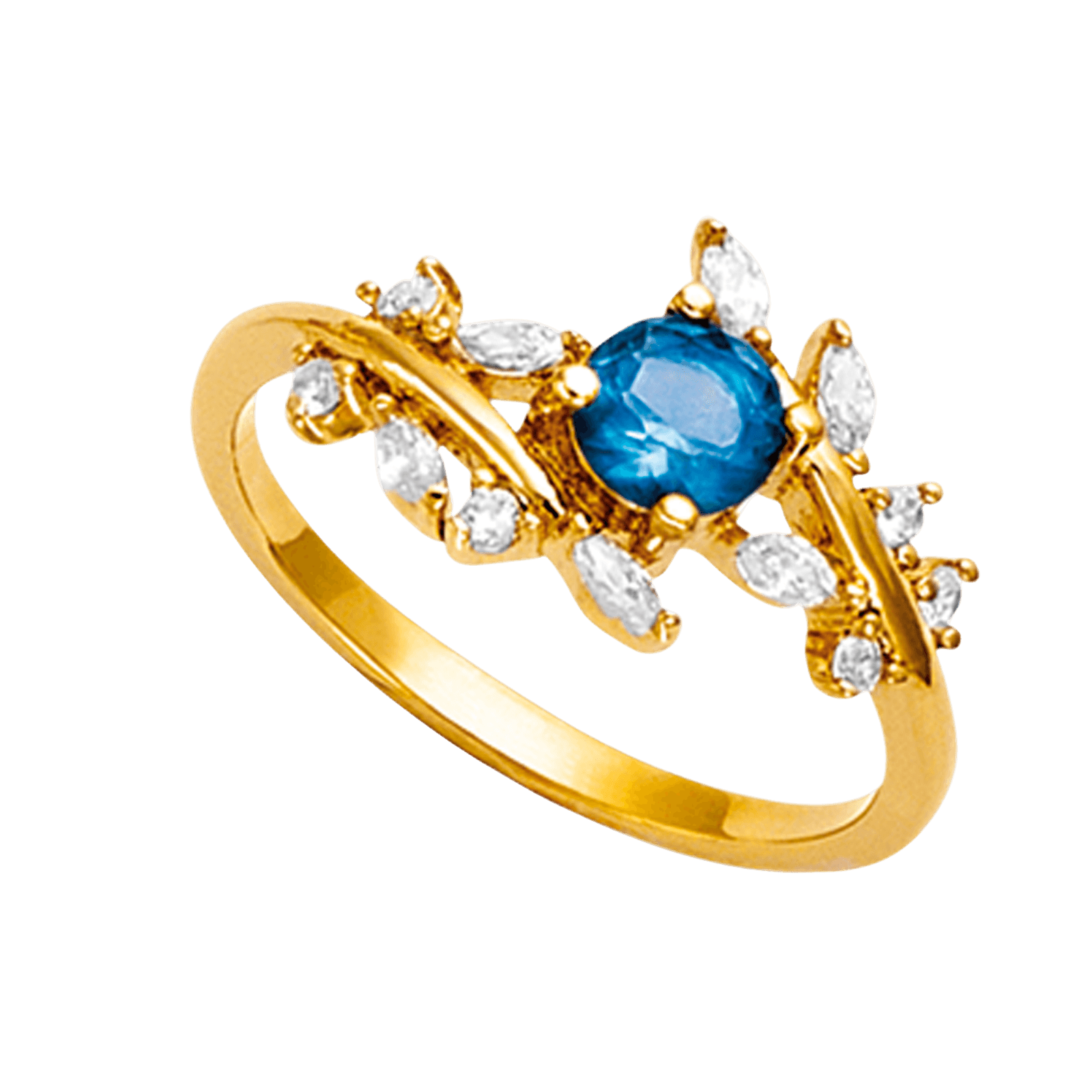 Bague Plaqué or feuillage couleur london blue avec oxydes blancs