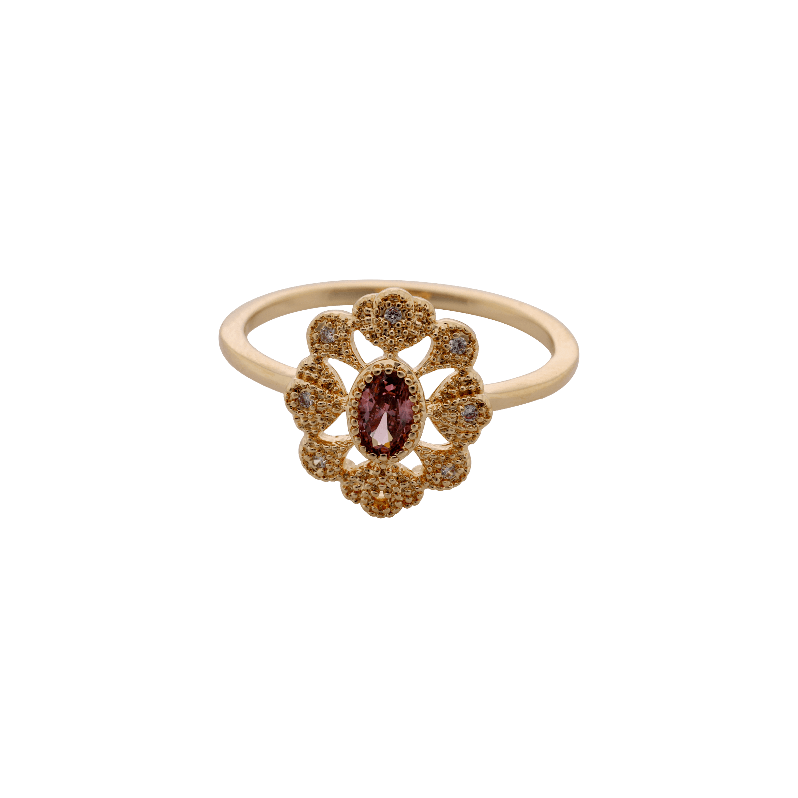 Bague Plaqué or fleur vintage smoky rose plus oxydes blancs