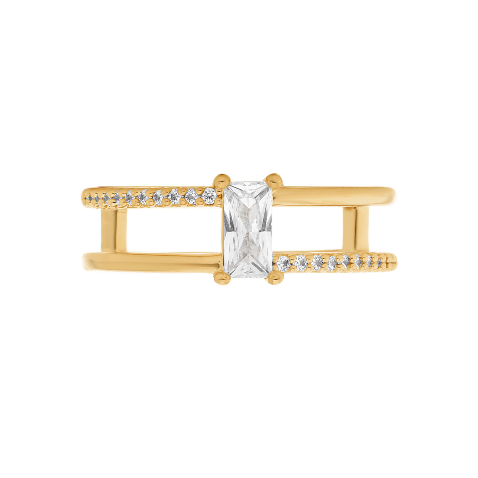 Bague Plaqué or double rangées rectangle Oxyde blanc