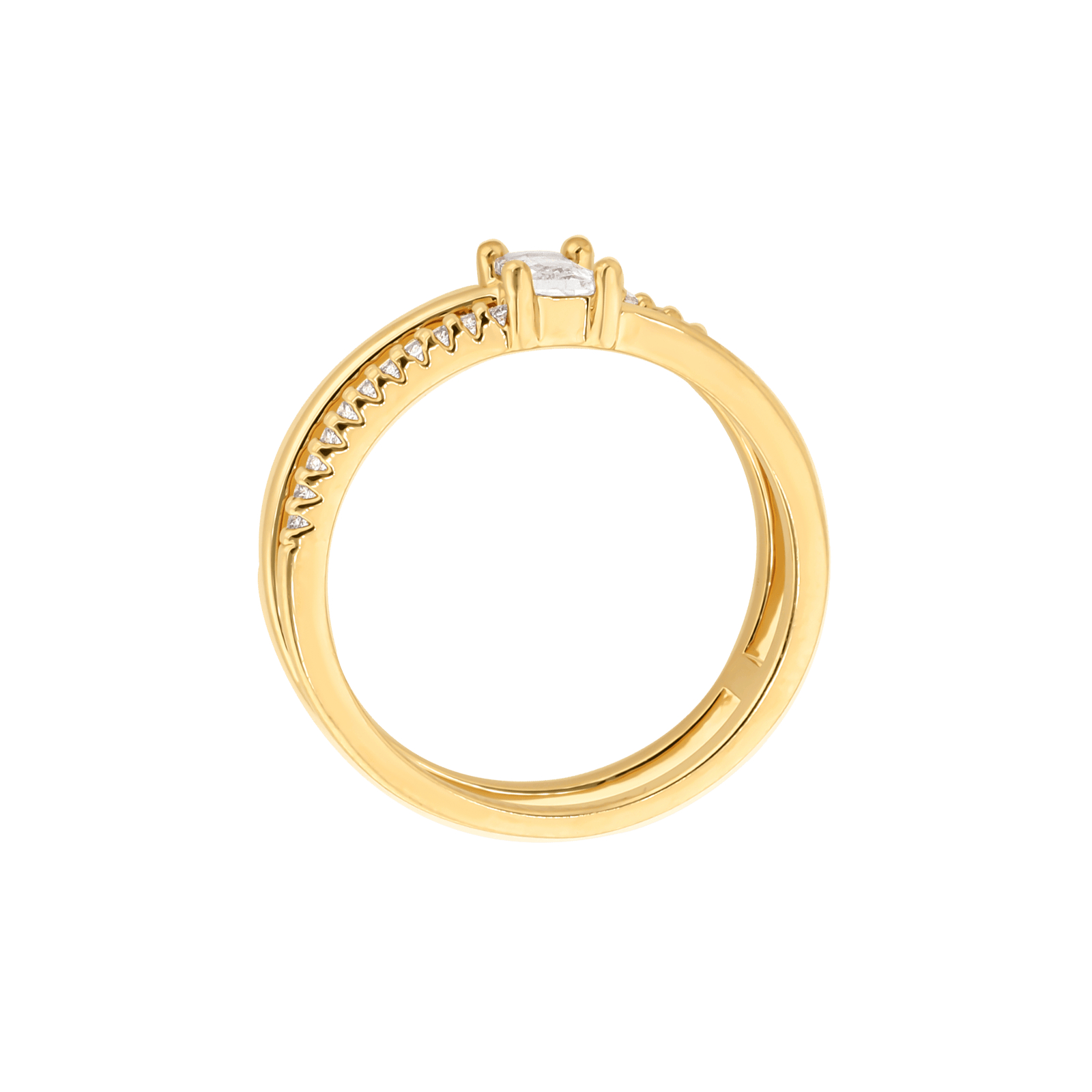 Bague Plaqué or double rangées rectangle Oxyde blanc
