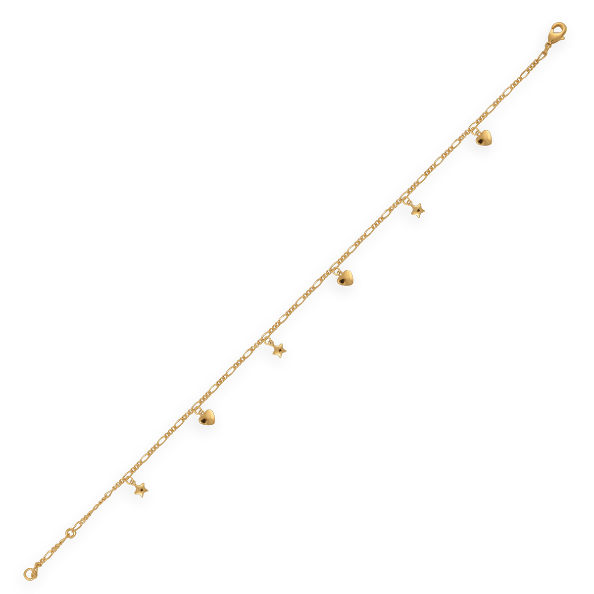 Chaîne Cheville Plaqué Or 23 à 25cm Maille Cheval 1.1mm Cœurs Etoiles