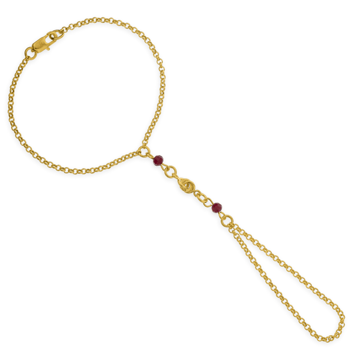 Chaîne Main Plaqué Or Nœud Forçat Antillais 5mm Cristal Grenat 4.5mm 20cm
