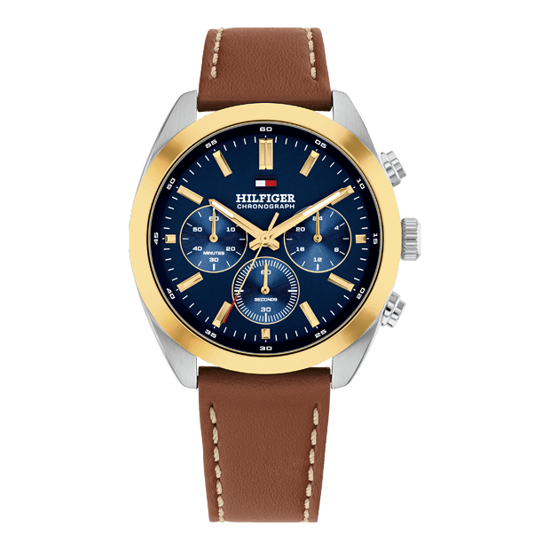 hudson chronographe cuir marron cadran bleu 5 atmosphères