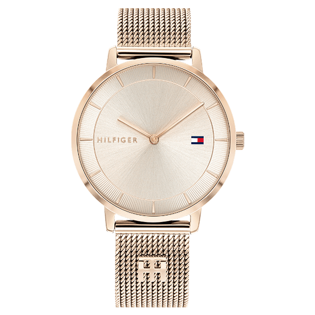 montre dame acier tommy hilfiger bracelet acier maille milanaise or rose