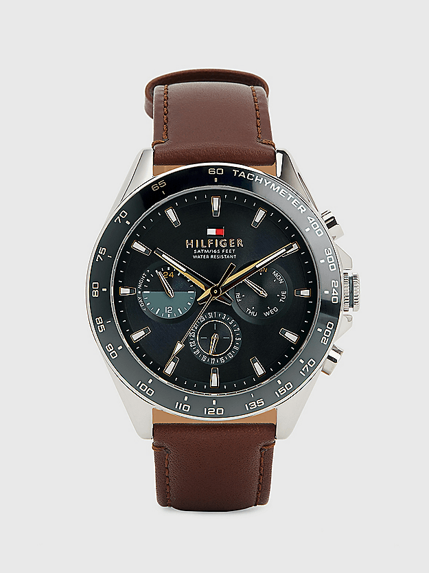 montre homme cuir tommy hilfiger quartz cadran bleu bracelet de veau marron