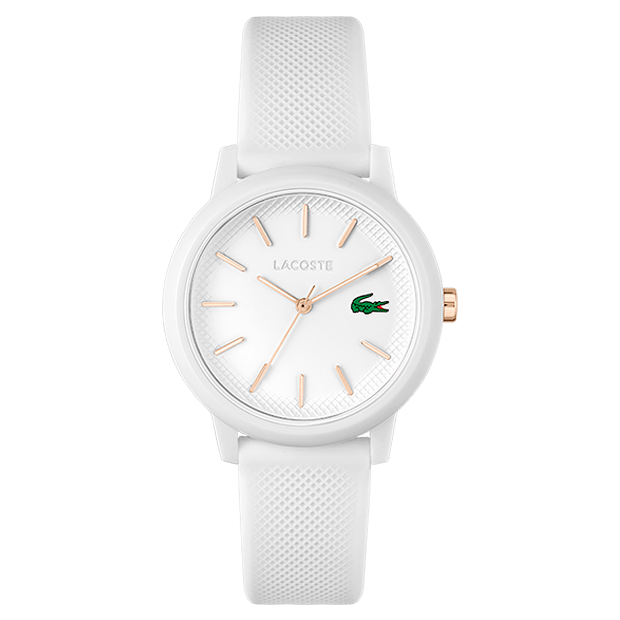 montre lacoste mouvement quartz boîtier tr90 blanc rond cadran blanc bracelet silicone