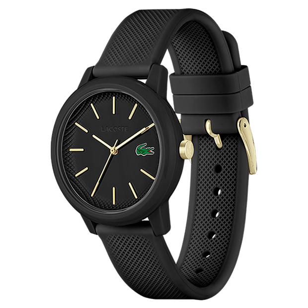 montre lacoste mouvement Quartz boitier TR90 noir rond cadran noir bracelet silicone noir