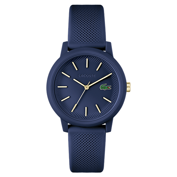 montre lacoste mouvement quartz boitier tr90 bleu rond cadran bleu bracelet silicone