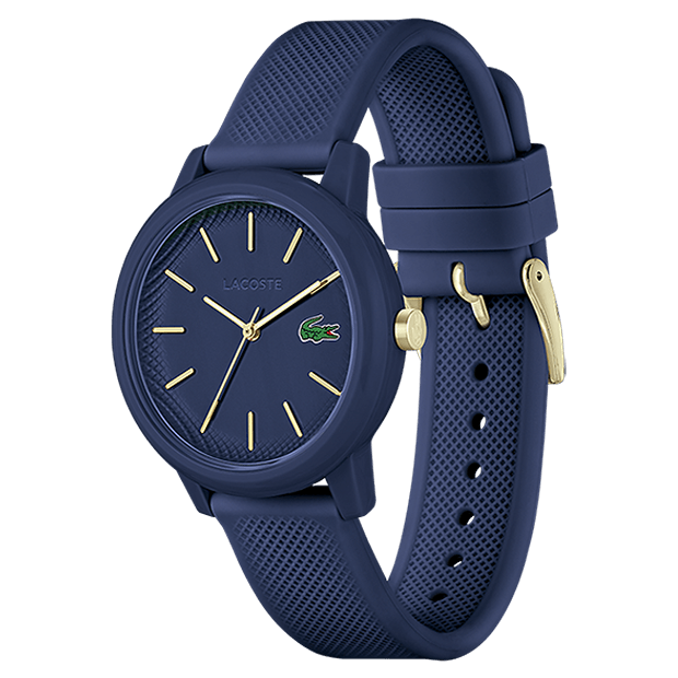 montre lacoste mouvement quartz boitier tr90 bleu rond cadran bleu bracelet silicone