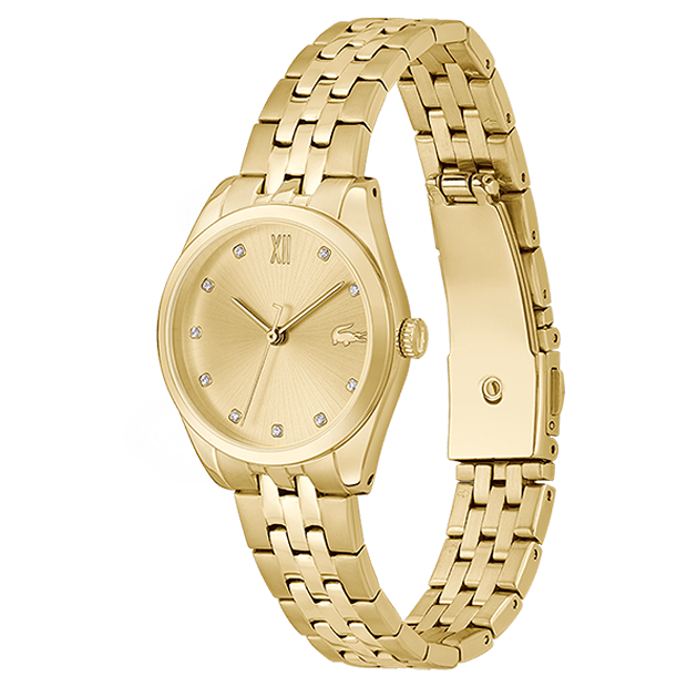 montre lacoste mouvement Quartz boîtier acier or jaune rond cadran or jaune bracelet acier or jaune