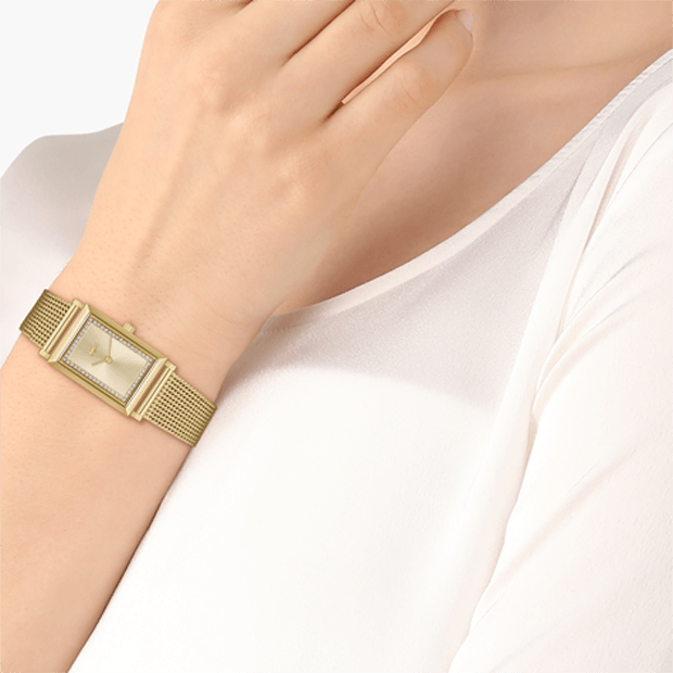 montre lacoste catherine mouvement Quartz boitier or jaune rectangle cadran or jaune bracelet acier or jaune