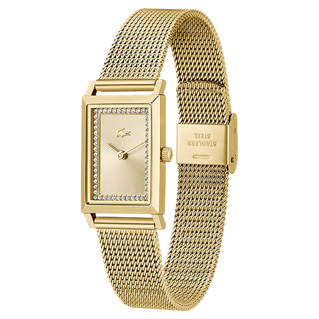 montre lacoste catherine mouvement Quartz boitier or jaune rectangle cadran or jaune bracelet acier or jaune