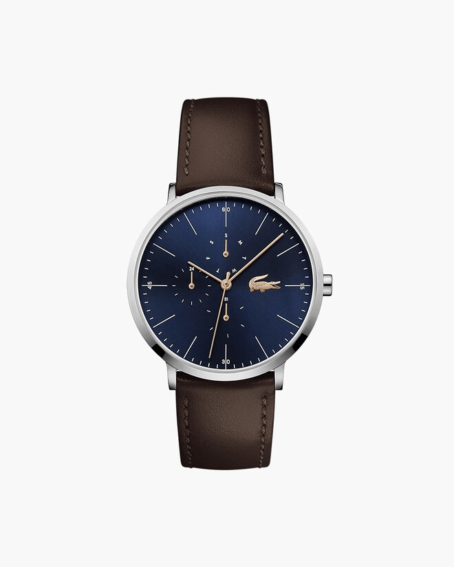 MONTRE HOMME Lacoste Quartz cadran bleu bracelet cuir marron
