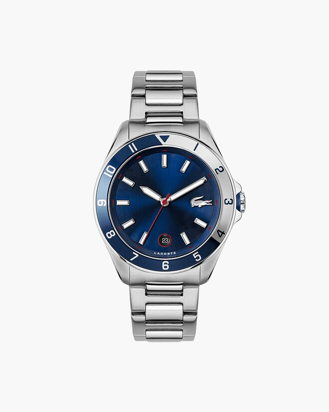 montre homme lacoste mouvement quartz boitier acier et aluminium bleu rond cadran bleu bracelet acier argenté