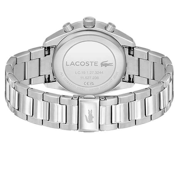 montre lacoste mouvement quartz chrono boitier acier rond cadran vert bracelet acier