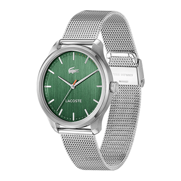 lisbon montre lacoste mouvement Quartz boitier acier rond cadran vert bracelet acier maille milanaise acier 5 atmosphères