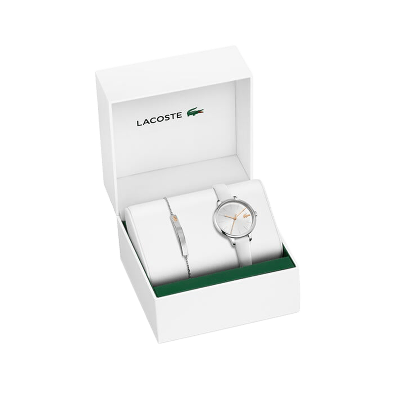 Coffret Montre + Bijoux Femme Lacoste Cannes Bracelet Cuir Blanc – 2070012