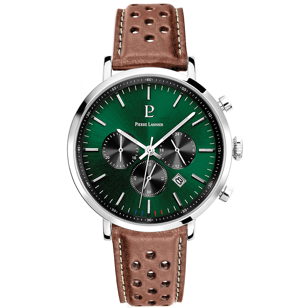 Montre Homme BARON Cadran Vert Bracelet Cuir Perforé Brun