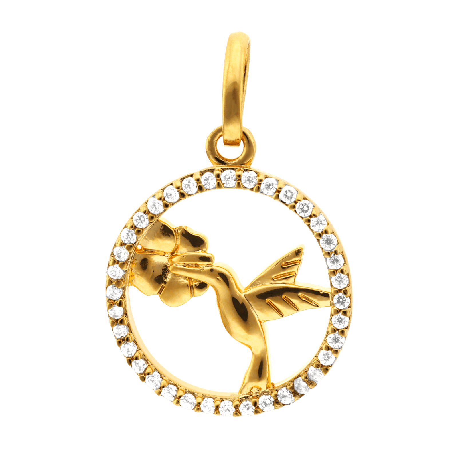 Pendentif plaque or colibri et fleur entourage sertie Oxyde de Zirconium