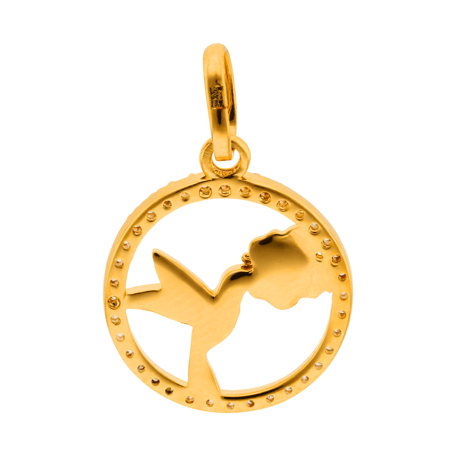 Pendentif plaque or colibri et fleur entourage sertie Oxyde de Zirconium