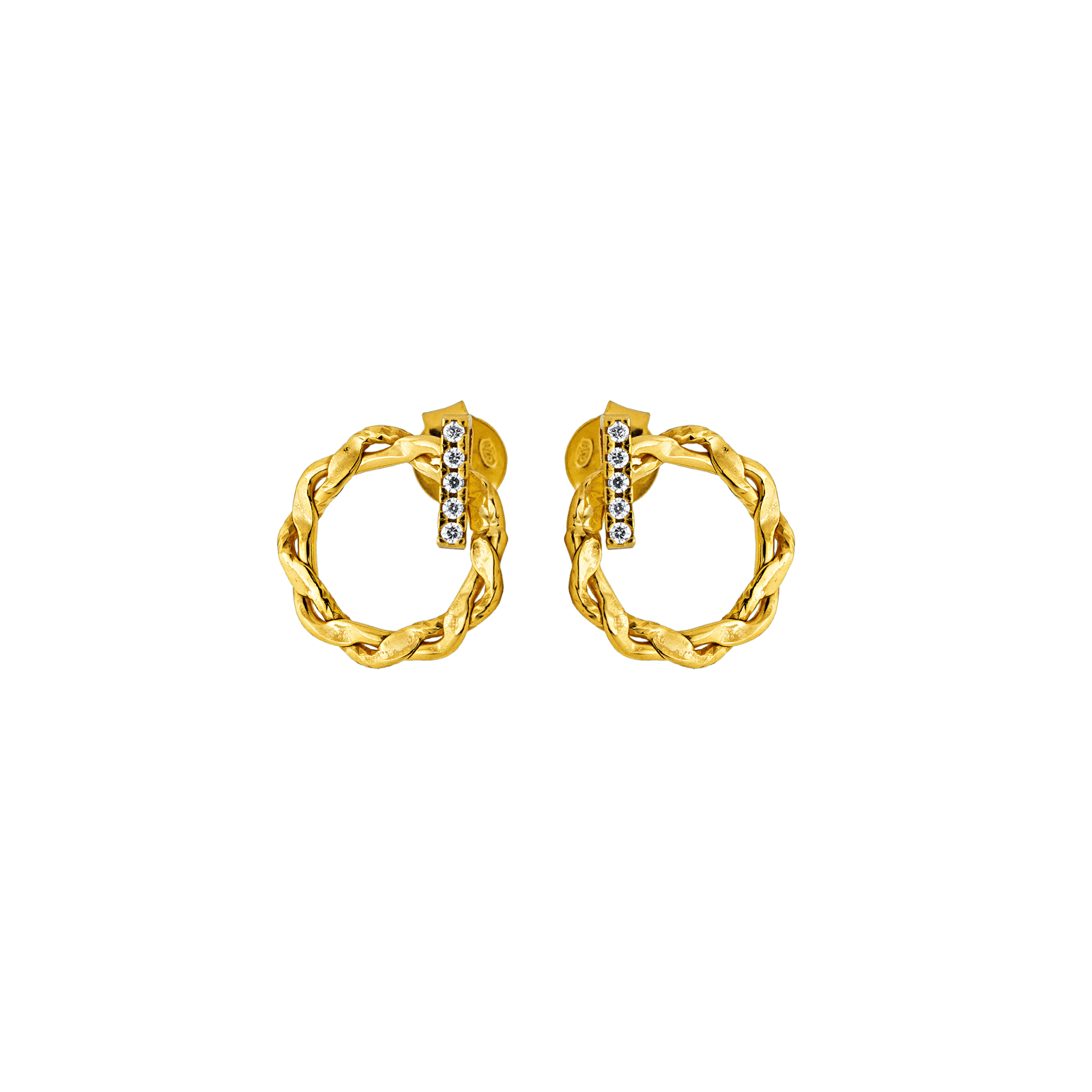 Boucles d'Oreilles Argent Doré puce cercle Torsade et Oxyde de Zirconium serti