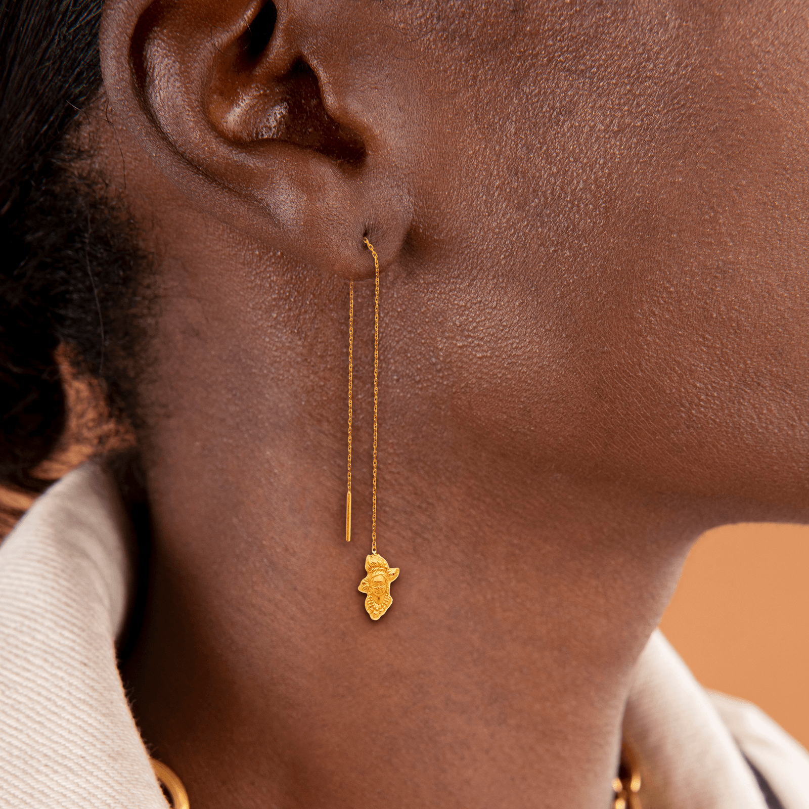 Boucles D'oreilles Plaqué Or Pendant Chaîne 110mm Au Total Tête Antillaise 10*18mm