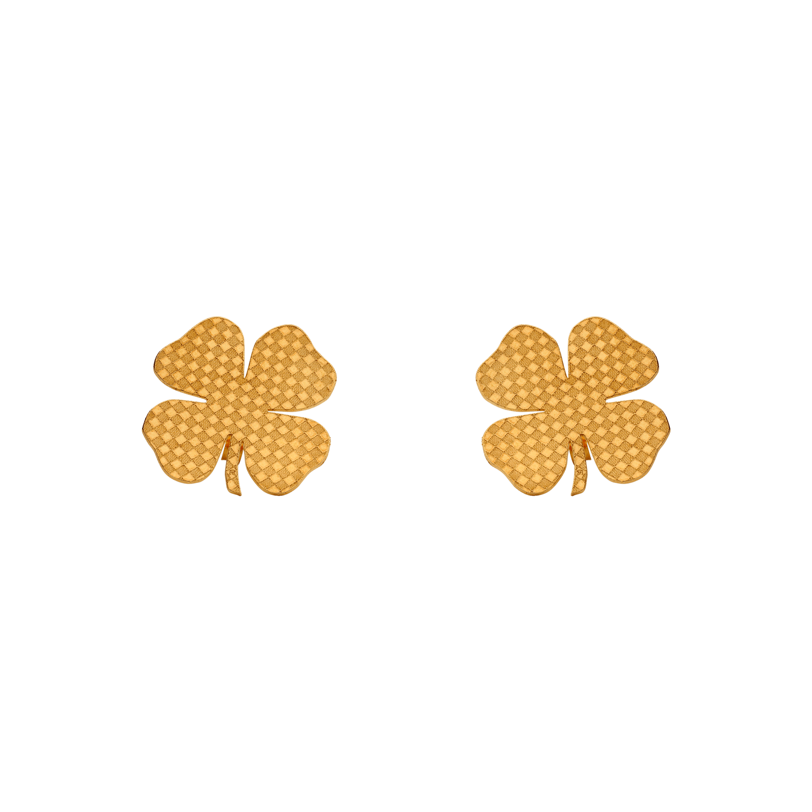 Boucles d’oreilles puces trèfle 2 × 2 cm plaqué or motif quadrillé