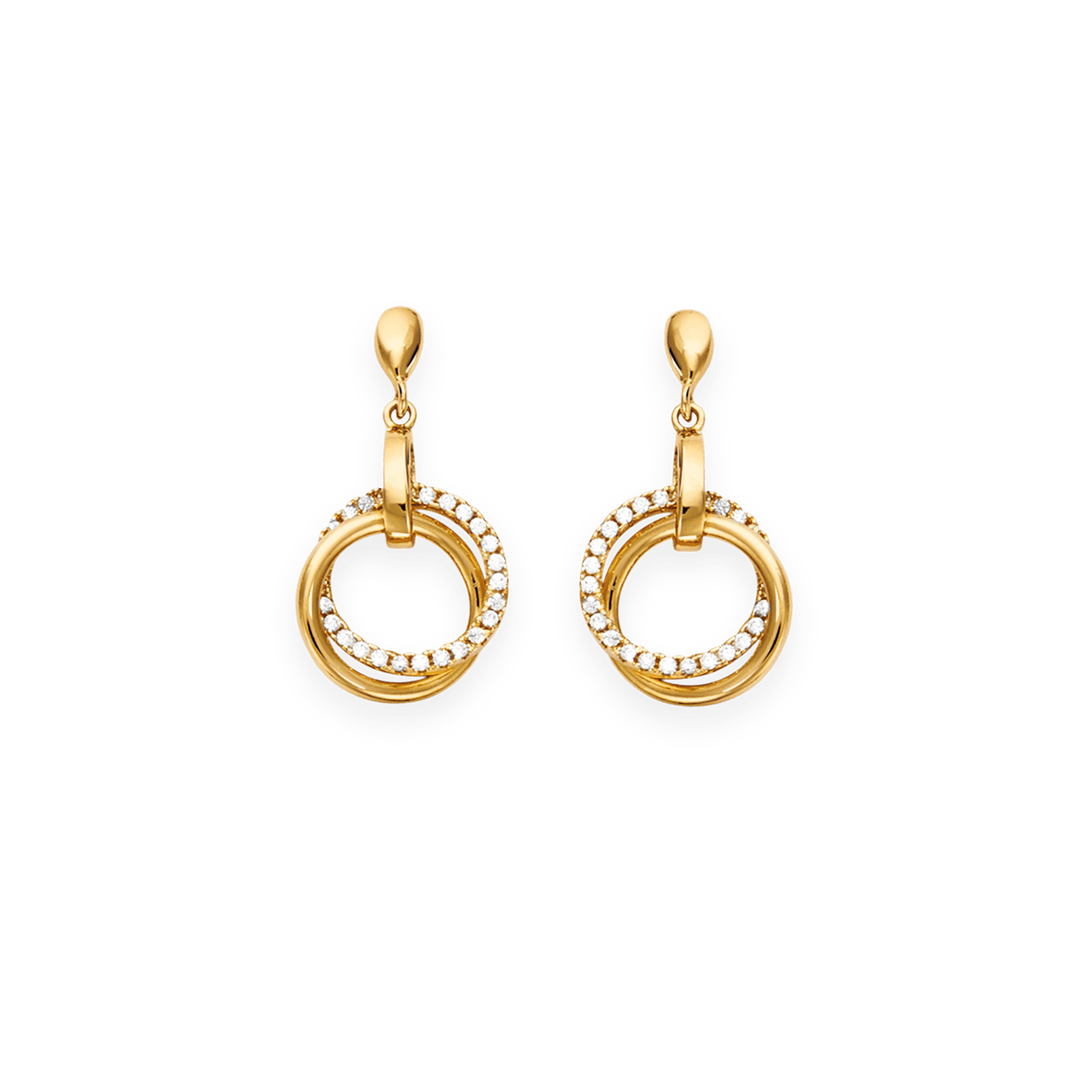 Boucles d'Oreilles Plaqué or Pendentif double cercle Lisse et scintillant Oxydes blancs