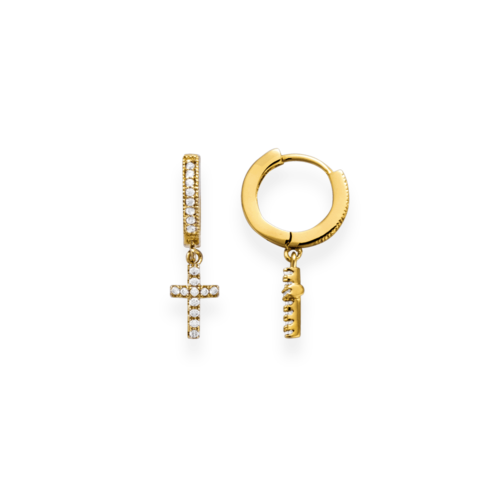 Boucles d'Oreilles Plaqué or Miniature Créole Zirconia Cubique avec Pampille Croix Oxydes blancs