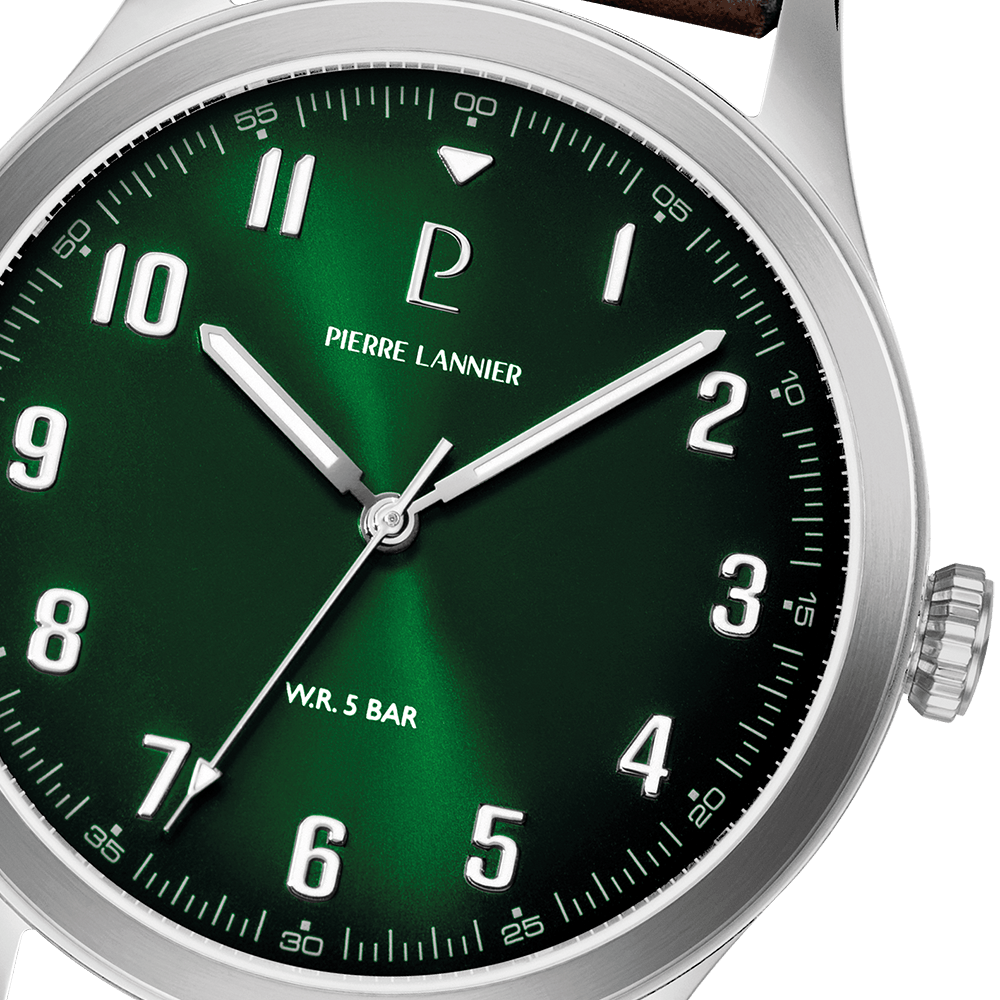 Montre Homme AVIATEUR Argenté Cadran Vert Bracelet Cuir Brun 20 MM
