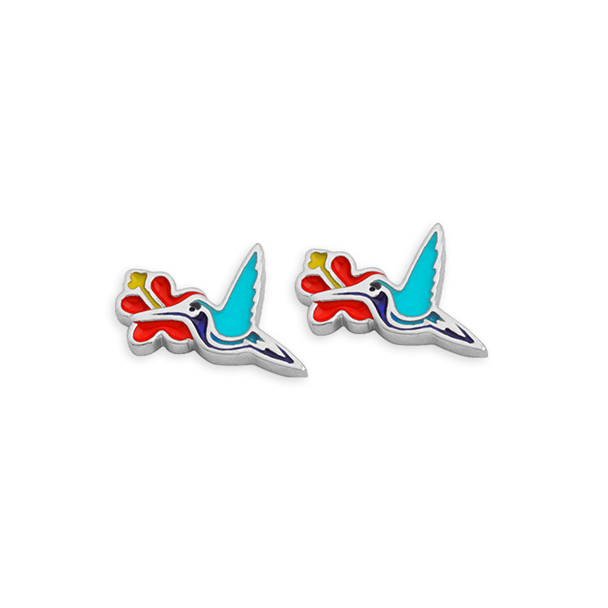 Boucles D'oreilles Argent 925 Email Colibri Hibiscus 10*16mm