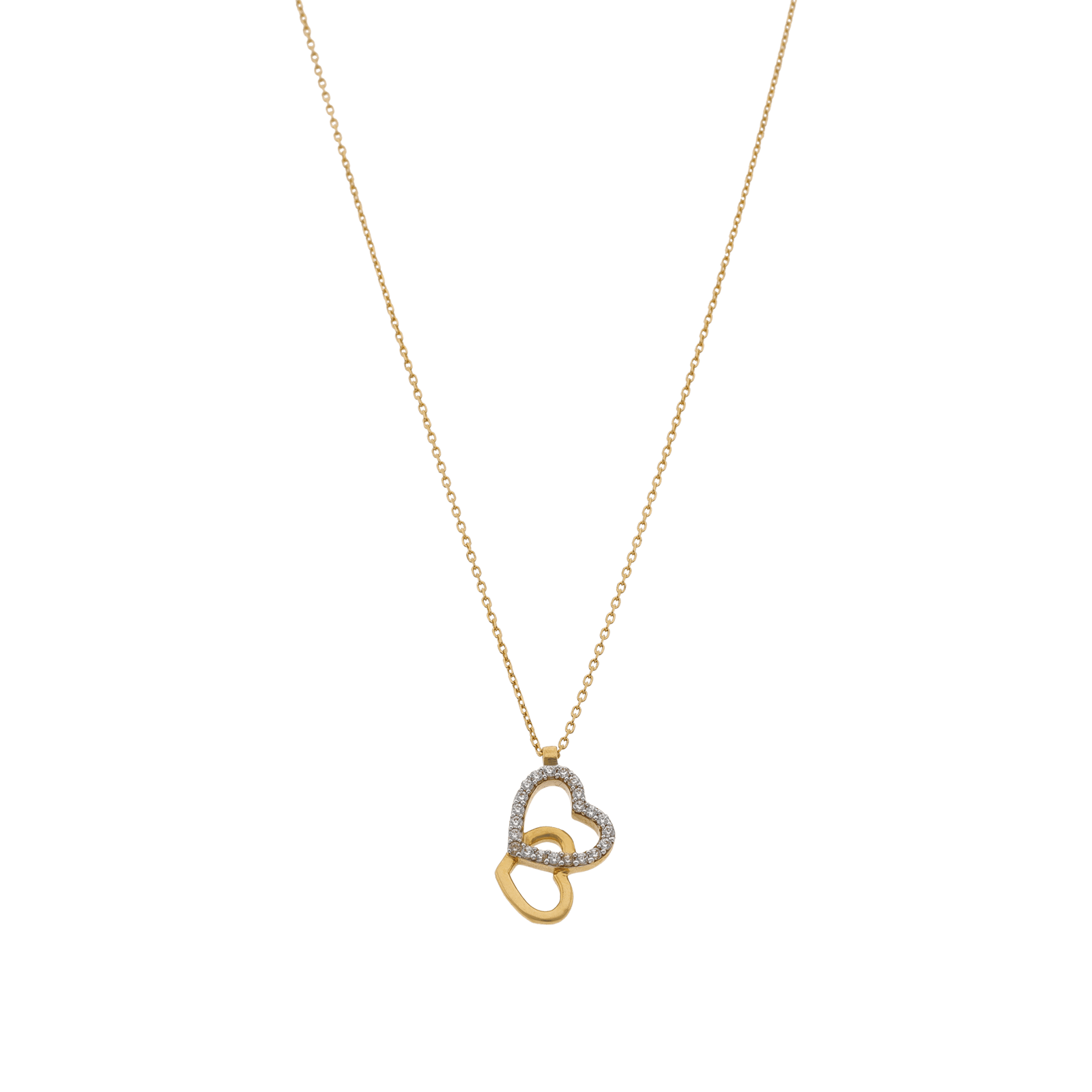 Collier Or Jaune Pendentif 2 coeurs Lisse et Oxyde de Zirconium 45 centimètres