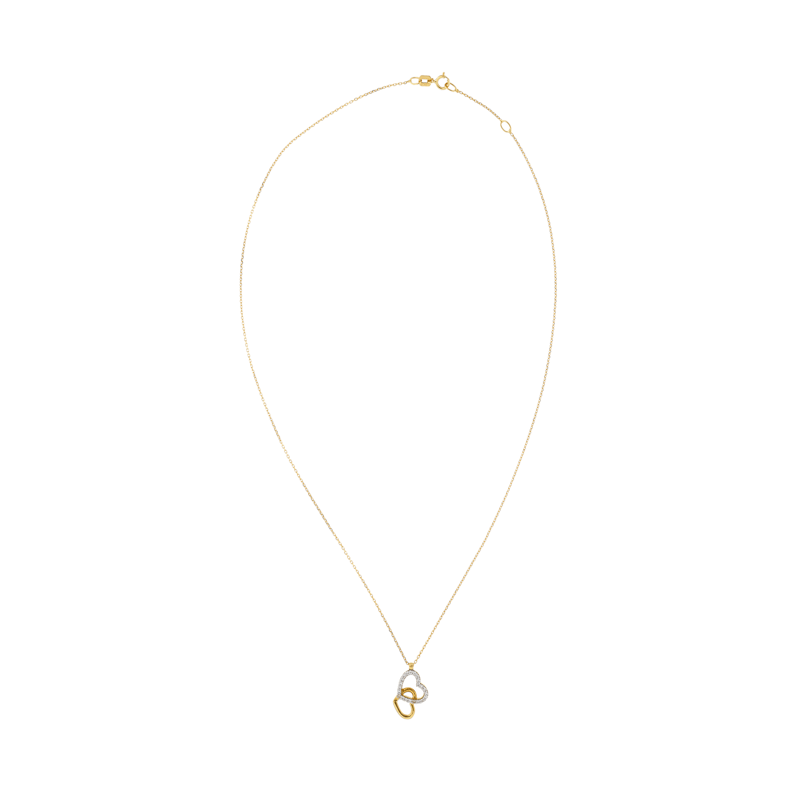 Collier Or Jaune Pendentif 2 coeurs Lisse et Oxyde de Zirconium 45 centimètres