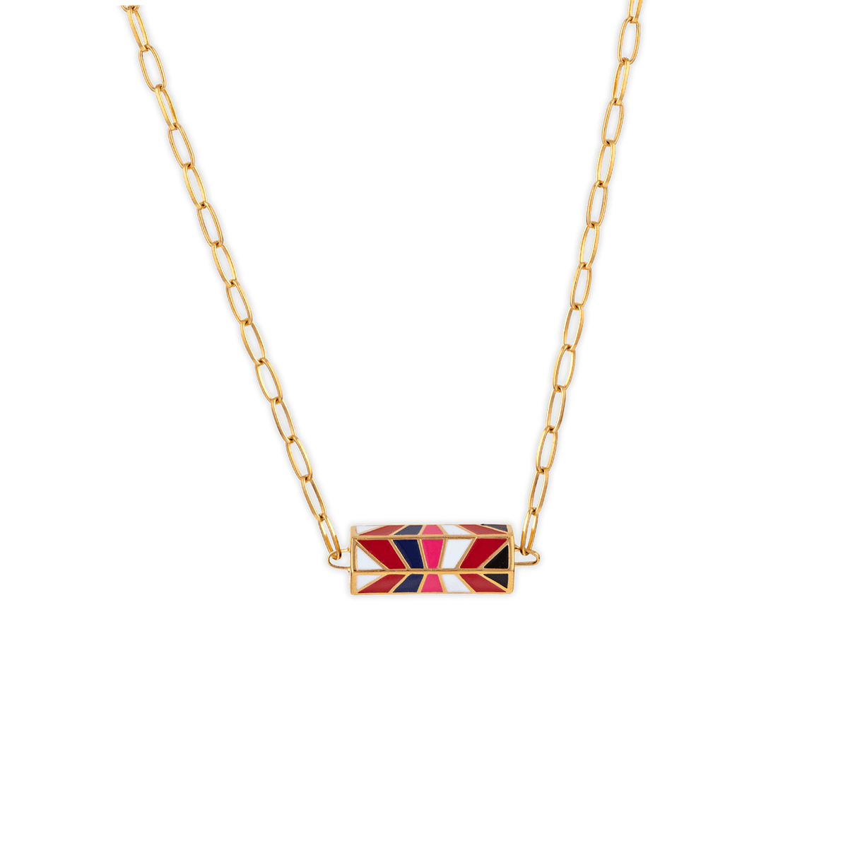 Collier Plaqué Or Talisman 20*8mm Email Multicolore 42 à 45cm