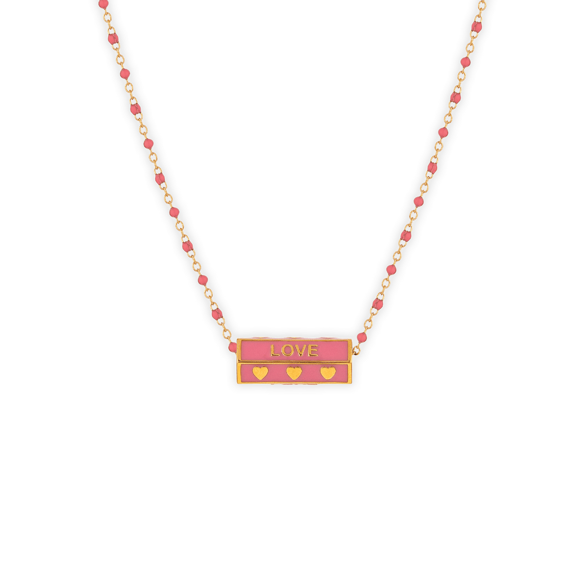 Collier Plaqué Or 42 à 45cm Talisman 20*8mm Love Email Et Bille Résine Rose