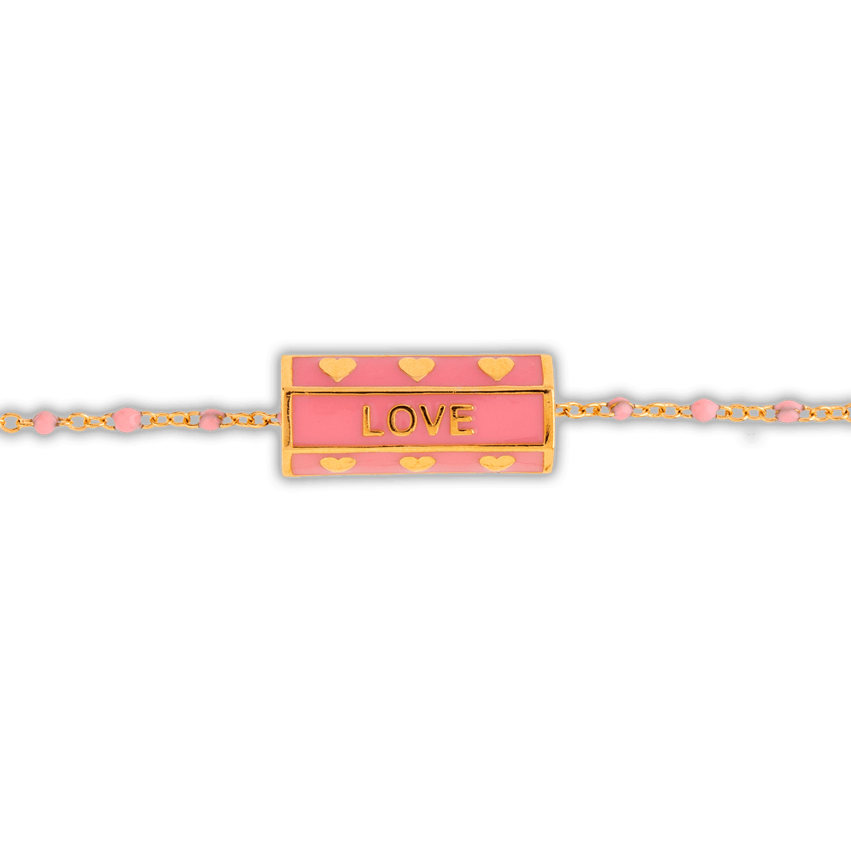 Collier Plaqué Or 42 à 45cm Talisman 20*8mm Love Email Et Bille Résine Rose
