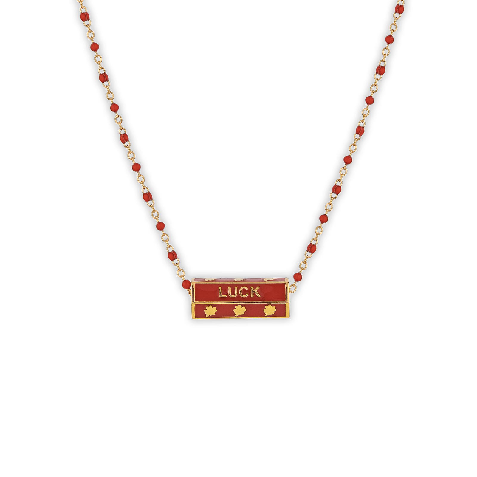 Collier Plaqué Or Talisman Luck Email Et Bille Résine Rouge