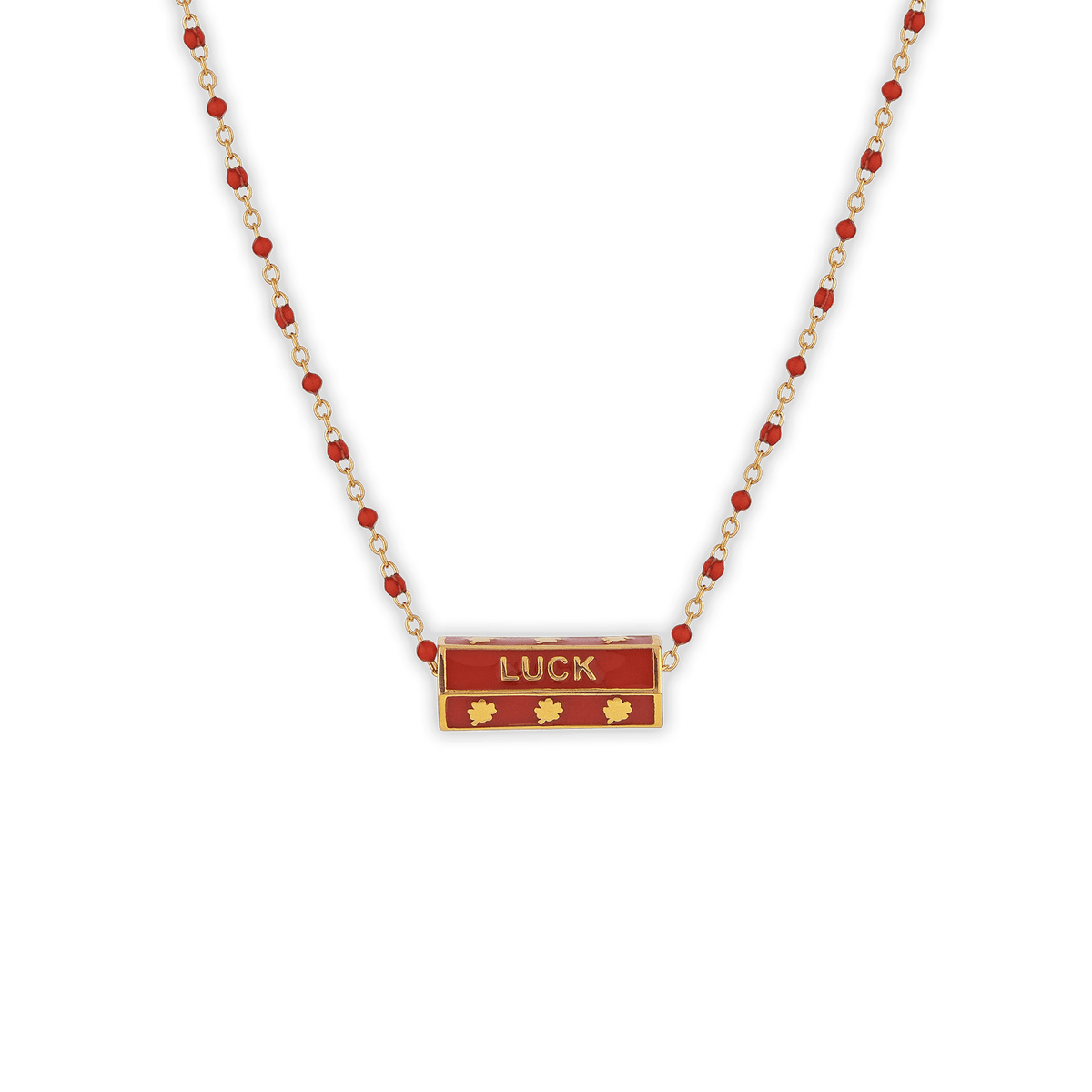 Collier Plaqué Or 42 à 45cm Talisman 20*8mm Luck Email Et Bille Résine Rouge